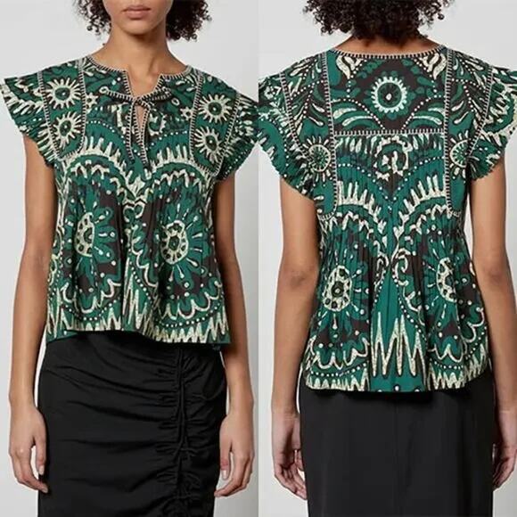 NEW Sea New York Charlough Cotton Split Neck Flutter Sleeves Top in Green - Picture 1 of 7